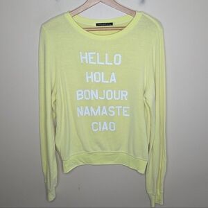Wildfox | Bright Yellow Hello Hola Bonjour Namaste Ciao Beach Sweater Size XS